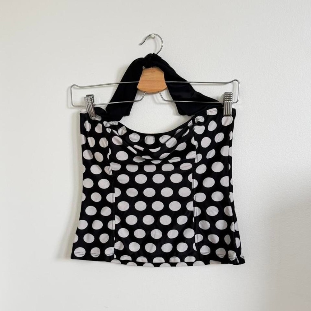 Popina Y2K Polka Dot Halter Tankini Top – Black & White Retro Swim (M)